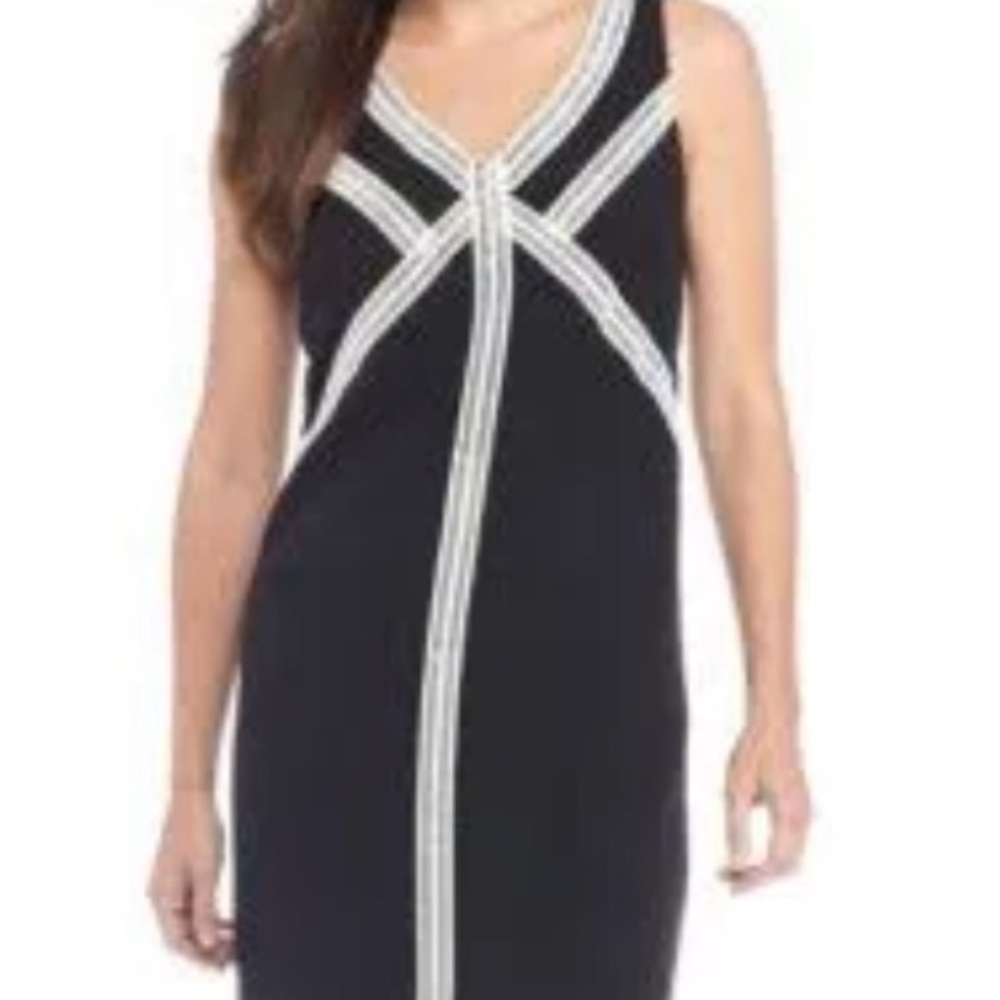 Kelly and Diane Black/cream crepe shift dress, just below the knee. 16